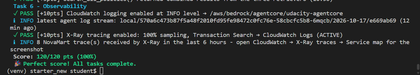 Terminal output showing the observability checks passing and a final score of 120 out of 120 points.